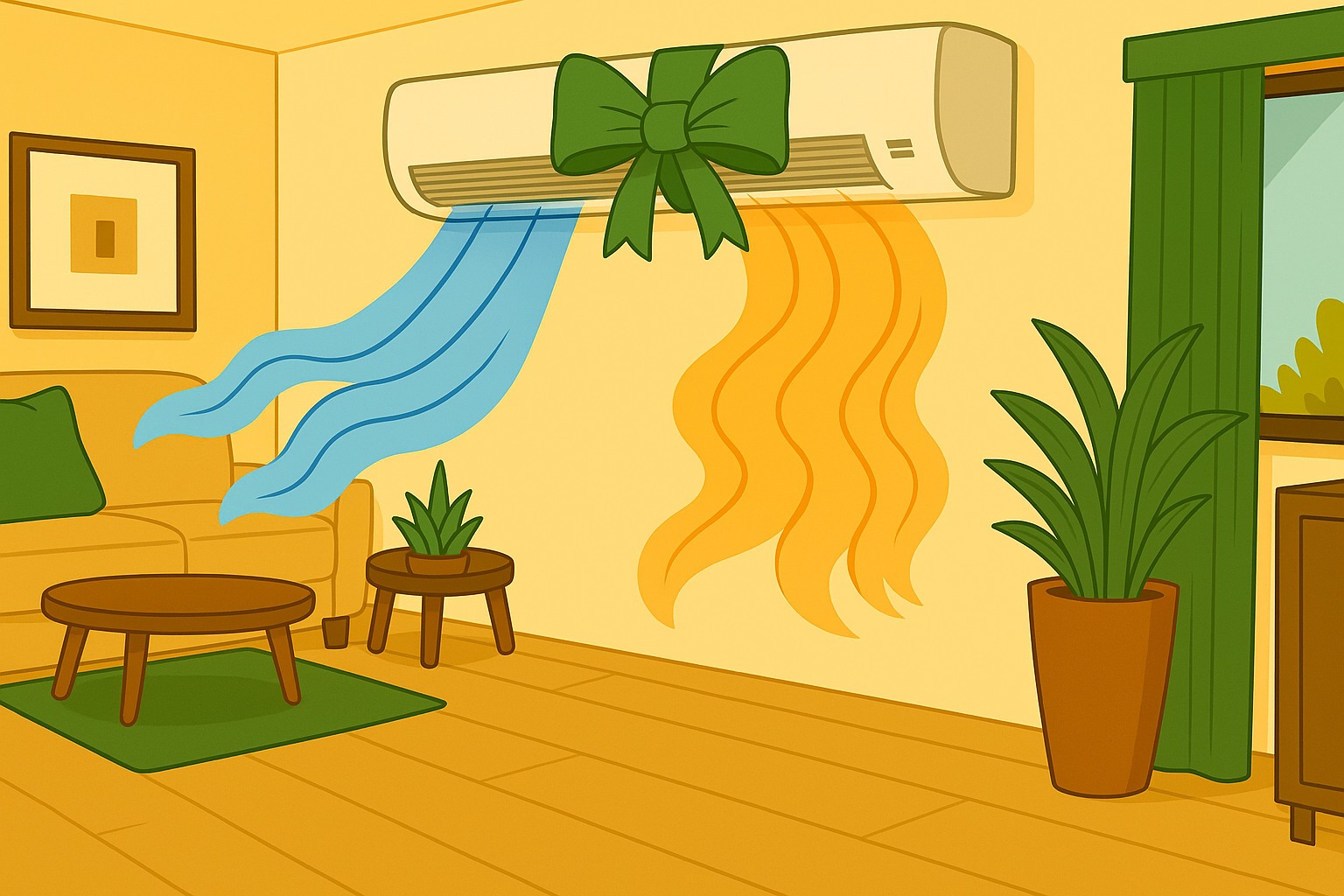 Airco met strik als symbool voor all-in montage door Groene Kracht Installaties