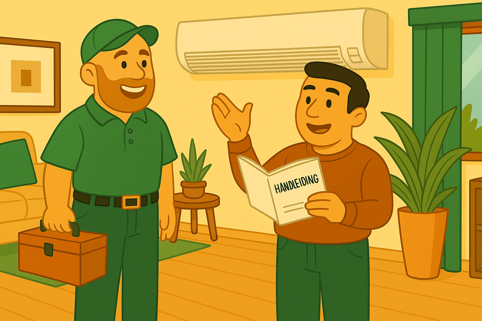 Klant leest handleiding voor airco zelfmontage terwijl monteur van Groene Kracht Installaties binnenkomt