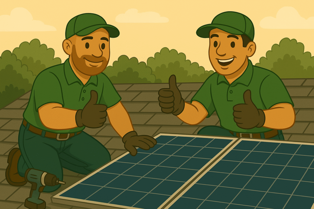 Monteurs van Groene Kracht Installaties na succesvolle installatie van zonnepanelen op een woning