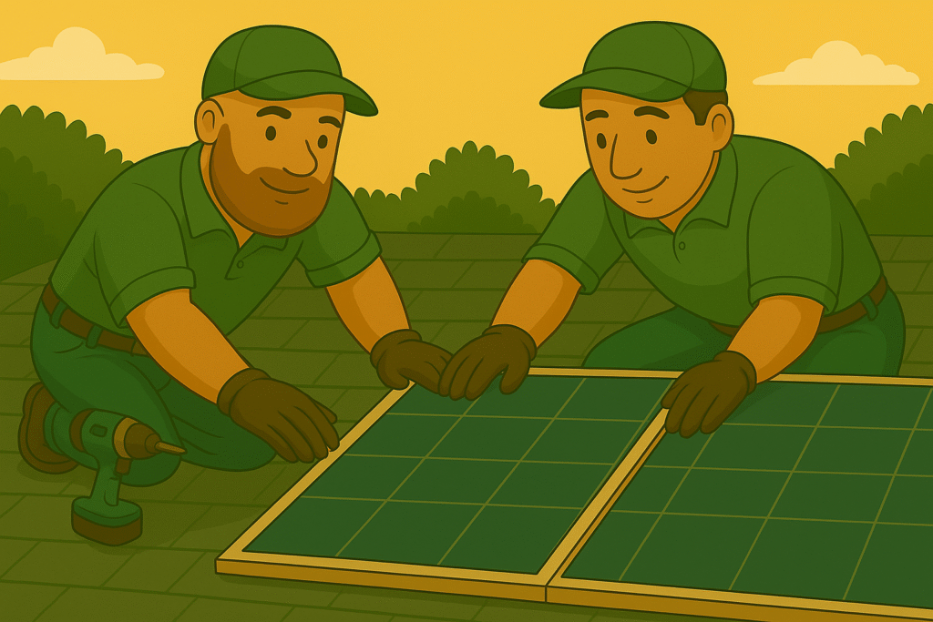 Monteurs van Groene Kracht Installaties plaatsen zonnepanelen op het dak van een woning