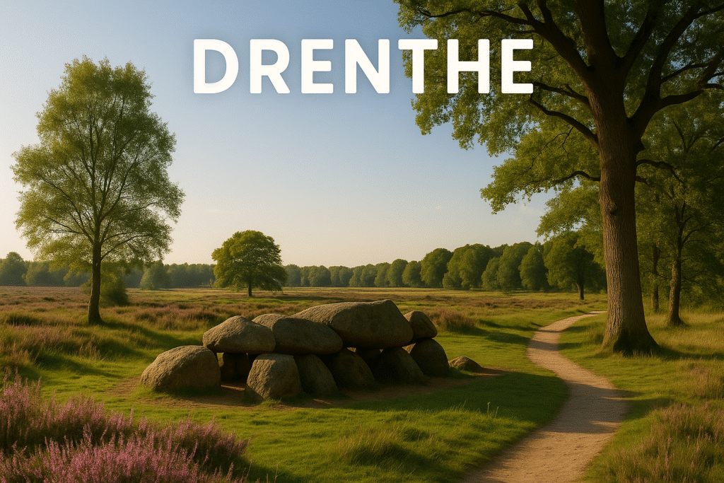 Drents landschap met paarse heide, boomgroep en een hunebed onder een open blauwe lucht
