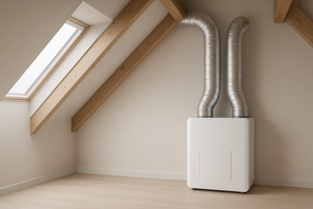 Moderne WTW-installatie op zolder in een duurzaam huis