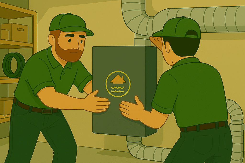 Installateur plaatst WTW-installatie op zolder voor energiezuinige ventilatie