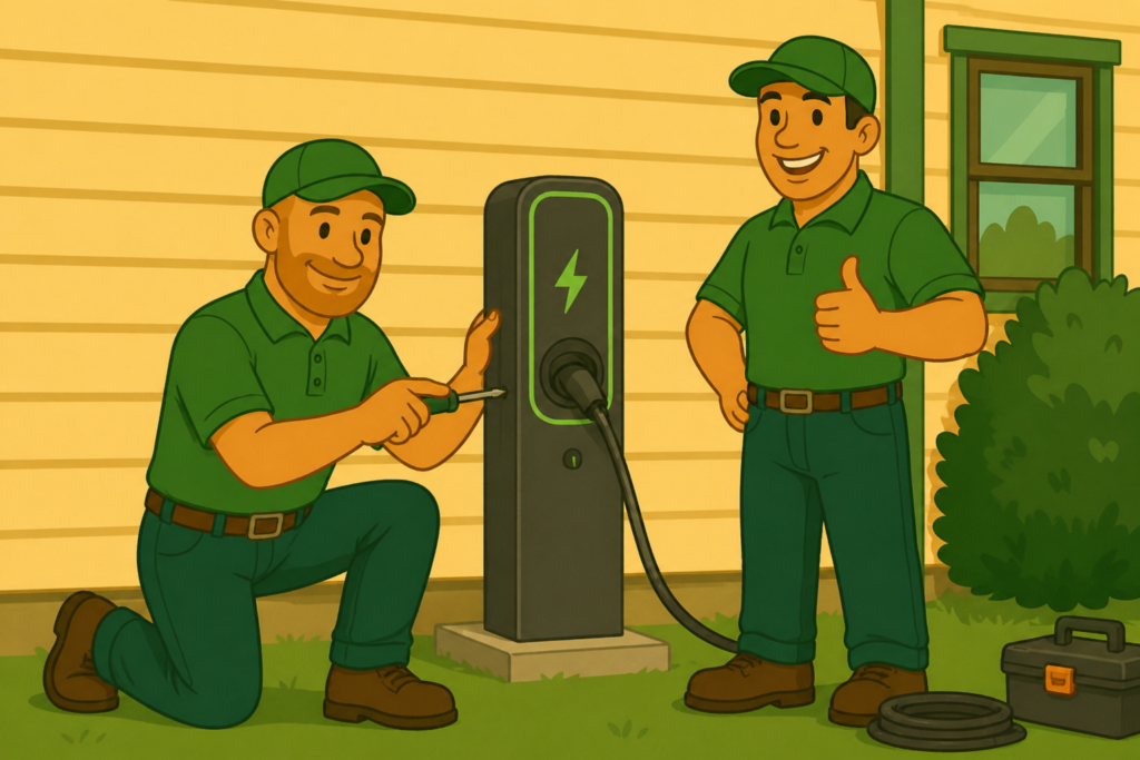 Monteurs installeren een laadpaal bij een woning voor het opladen van een elektrische auto