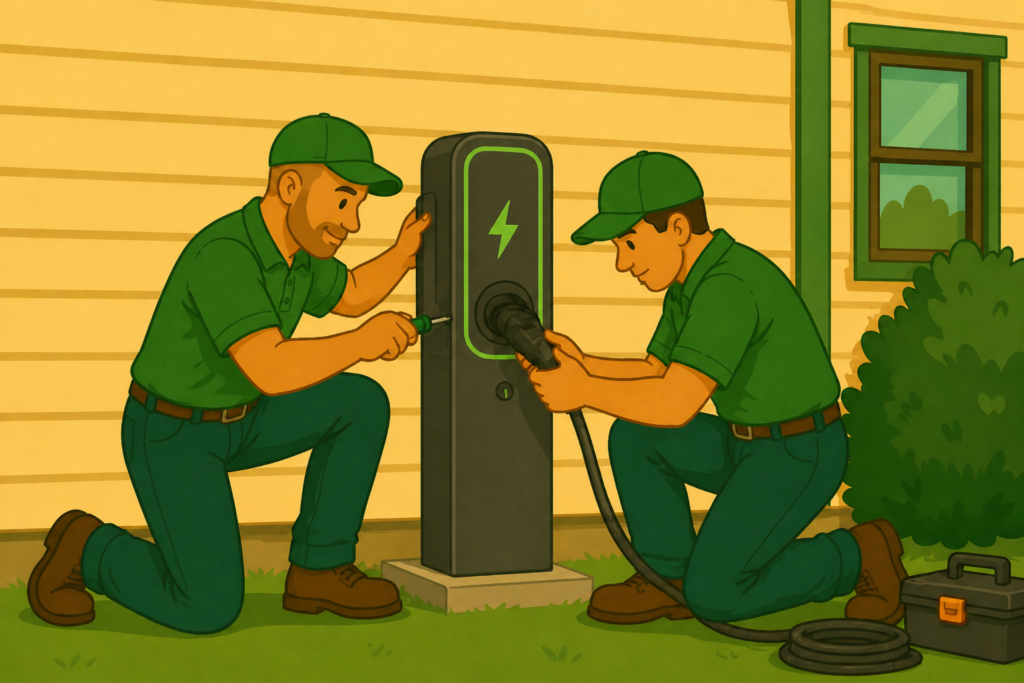 Monteurs installeren een laadpaal bij een woning voor het opladen van een elektrische auto